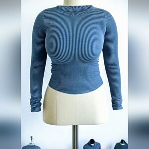 Ribbed Long Sleeve Crop Top in Blue